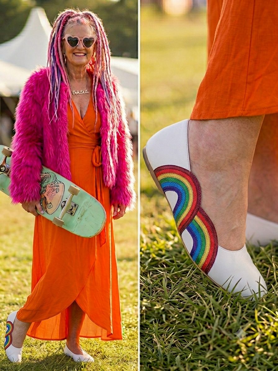 Festival-goer wearing Ava Lougheed shoes, with a close-up of the rainbow detail